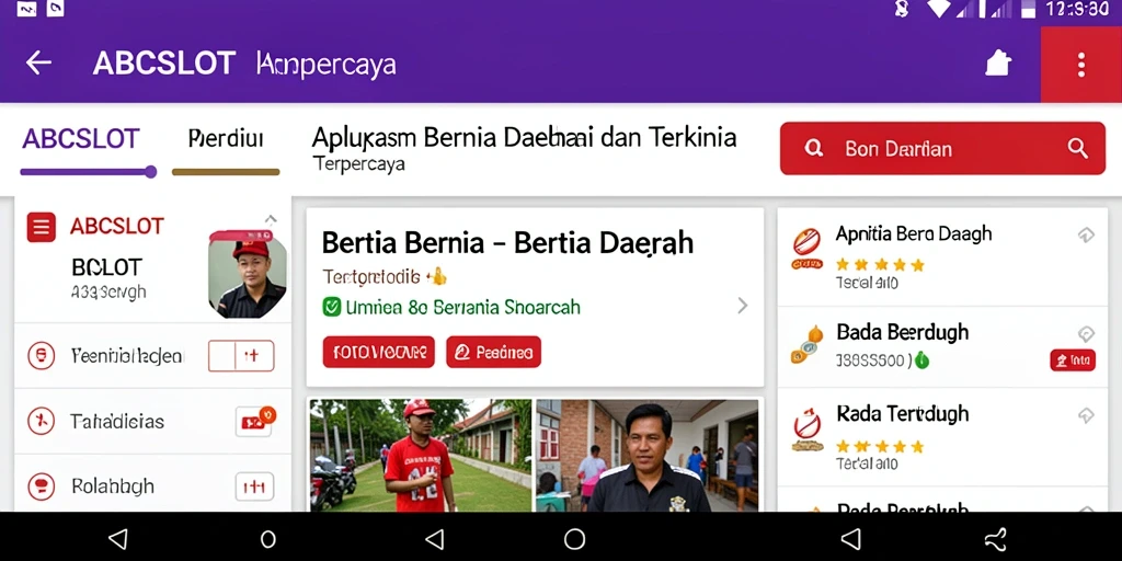 Tampilan antarmuka aplikasi ABCSLOT dengan kategori berita daerah.