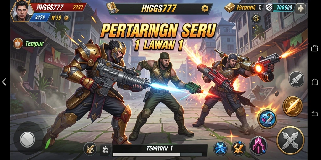 Antarmuka HIGGS777 saat pertarungan 1 lawan 1 dengan karakter yang beragam.
